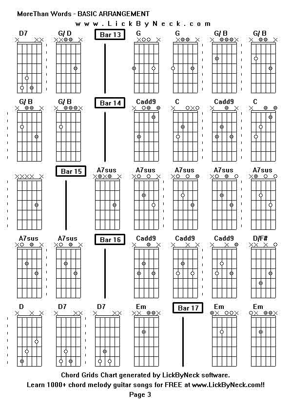 Chord Grids Chart of chord melody fingerstyle guitar song-MoreThan Words - BASIC ARRANGEMENT,generated by LickByNeck software.